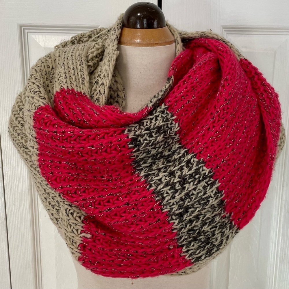 Roots Beige and Pink Knit Infinity Scarf